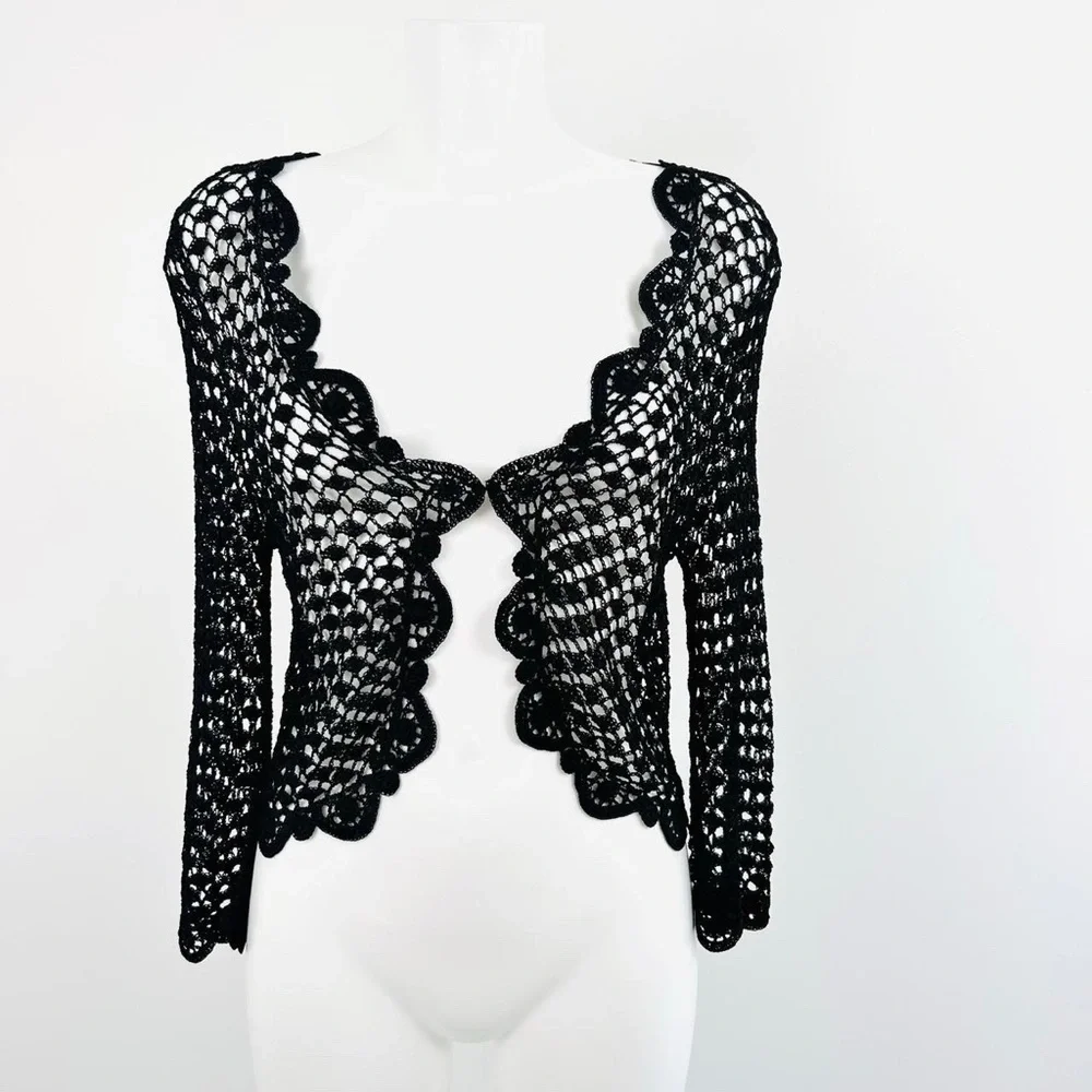 Vintage 90s Y2k Crochet Knit Shrug cropped Cardigan UK 10 12 Black Gothic Witch - Picture 5 of 8